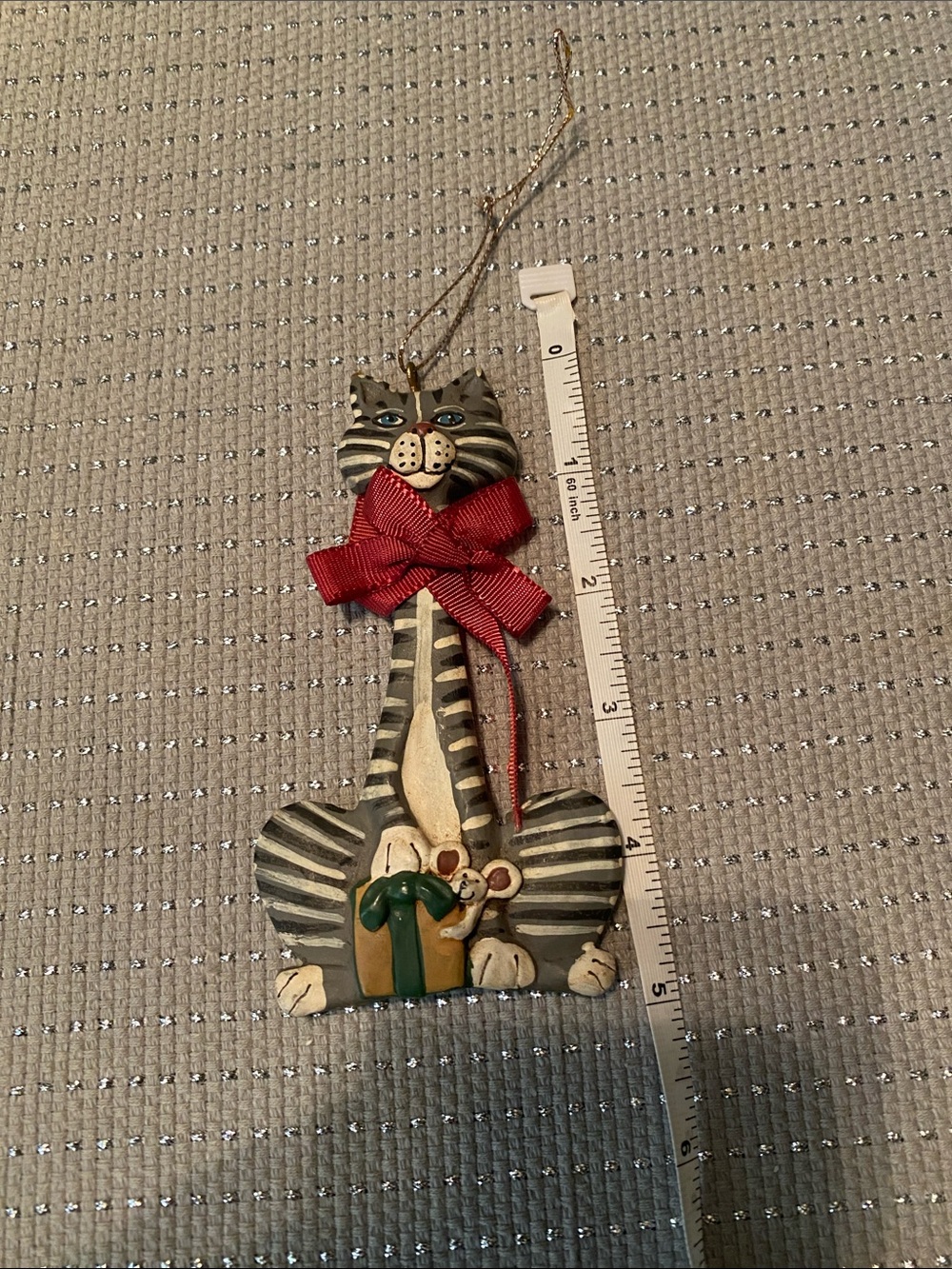 Gray Tabby Cat Ornament with Red Bow and Gift Accent